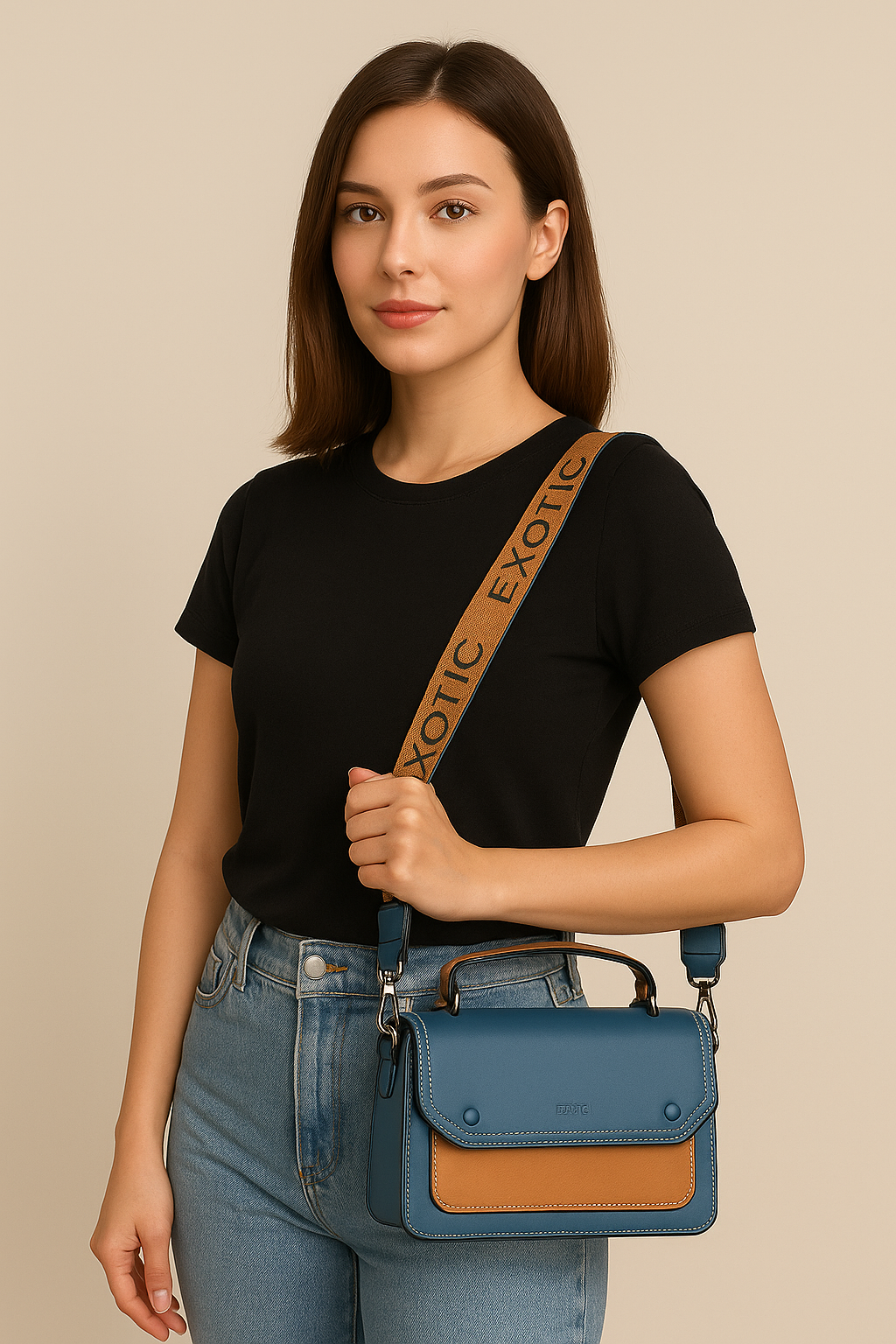Exotic Premium Leatherate Sling Satchel ā Blue & Tan