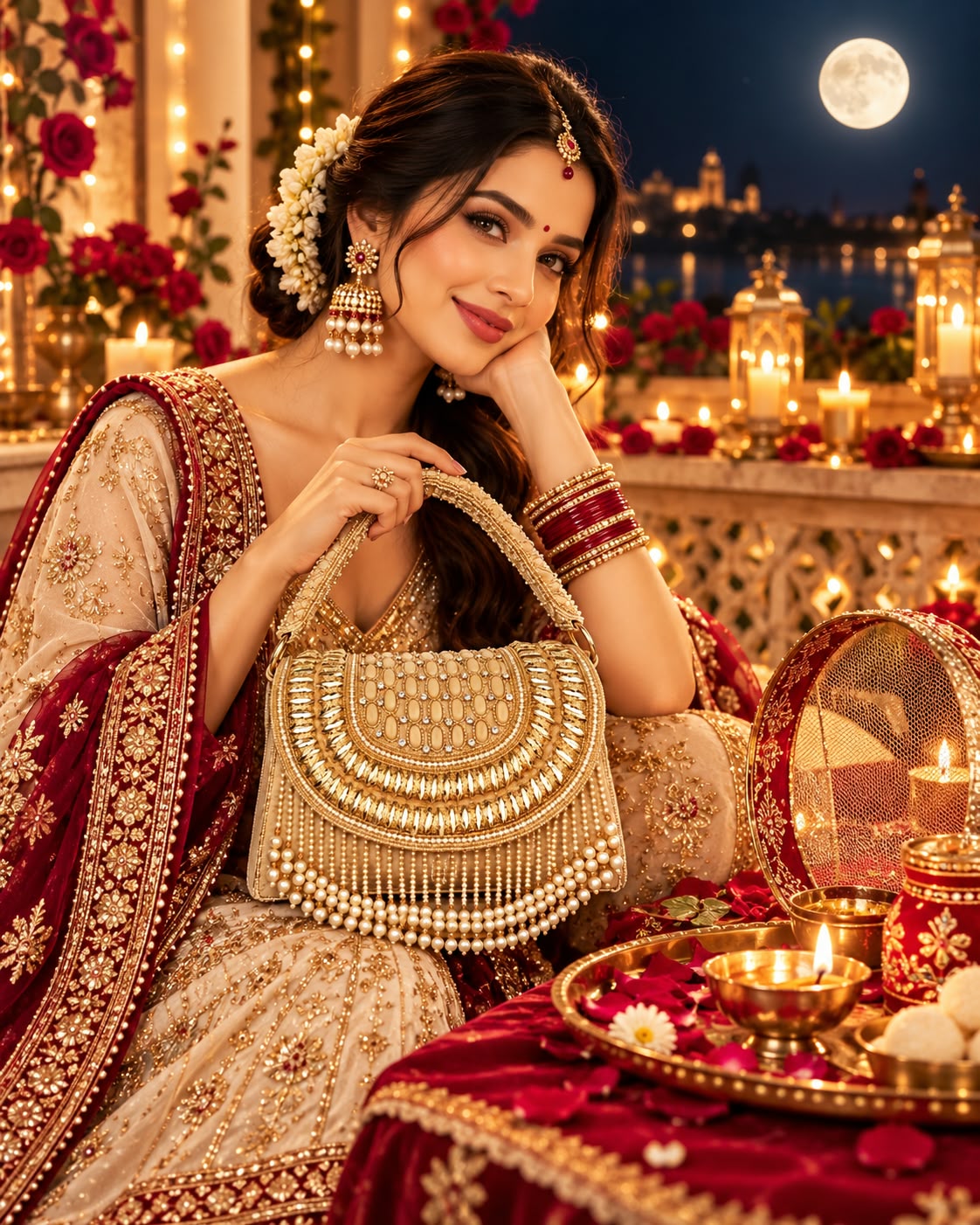 Royal Gold Pearl Embellished Handbag