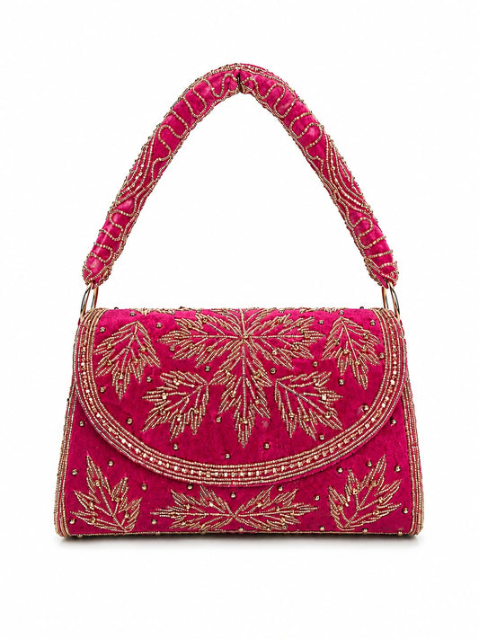 Rani Pink Embroidered Ethnic Handbag with Handcrafted Gold Detailing