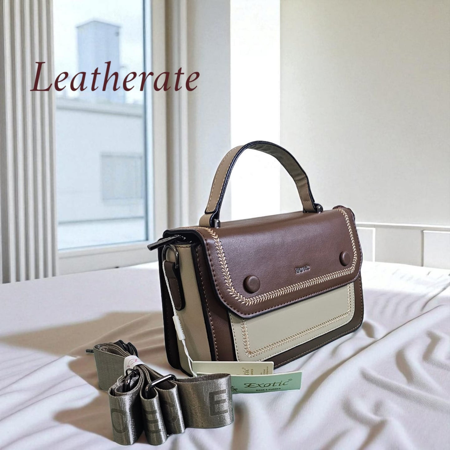 Exotic - Leatherate Crossbody Satchel - Brown & Beige two-tone