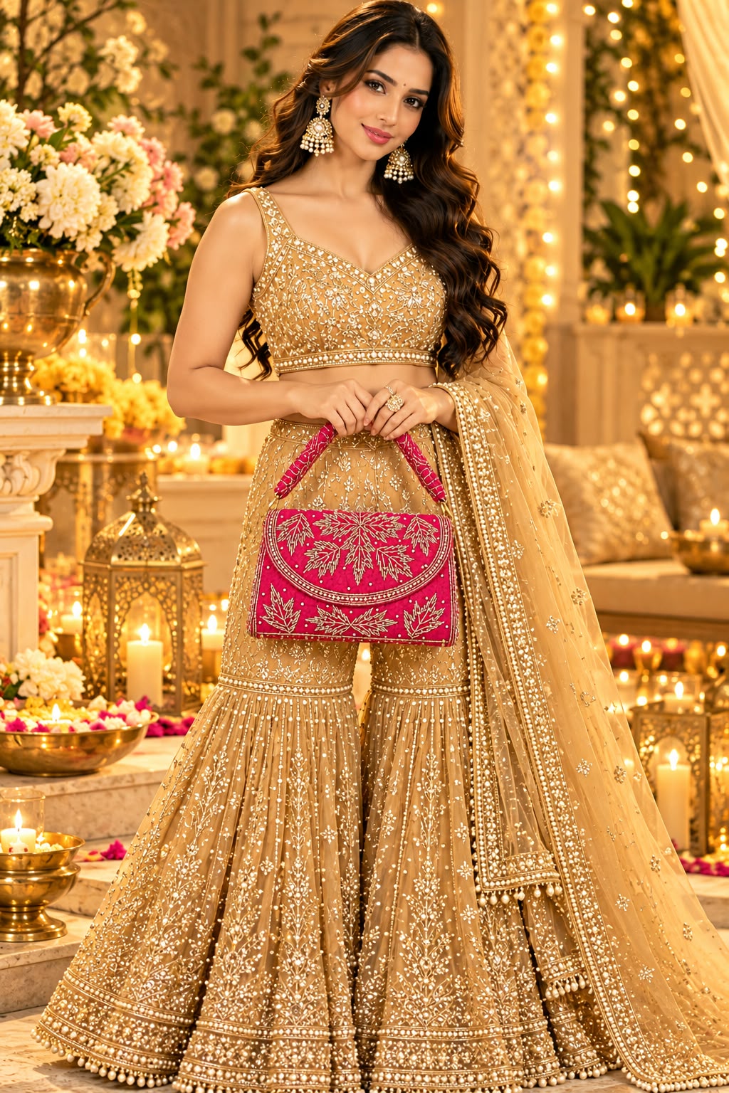 Rani Pink Embroidered Ethnic Handbag with Handcrafted Gold Detailing