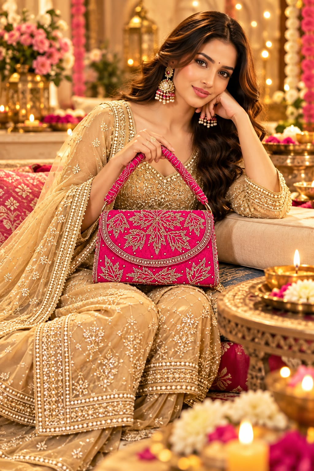 Rani Pink Embroidered Ethnic Handbag with Handcrafted Gold Detailing