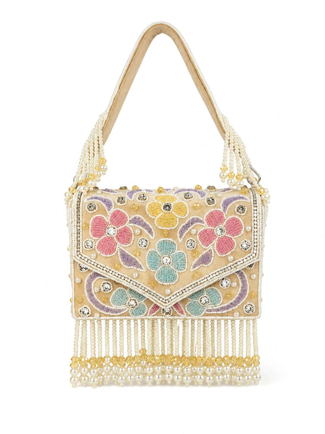 Pastel Floral Pearl Embellished Handbag