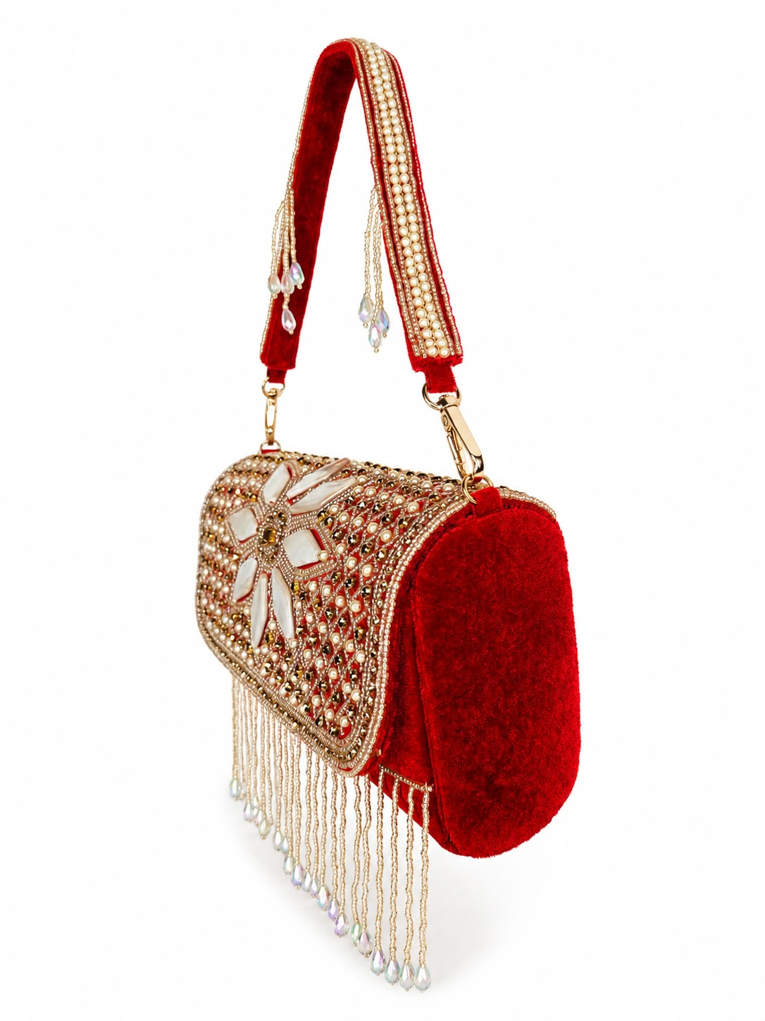 Red Velvet Pearl & Crystal Embellished Clutch Bag