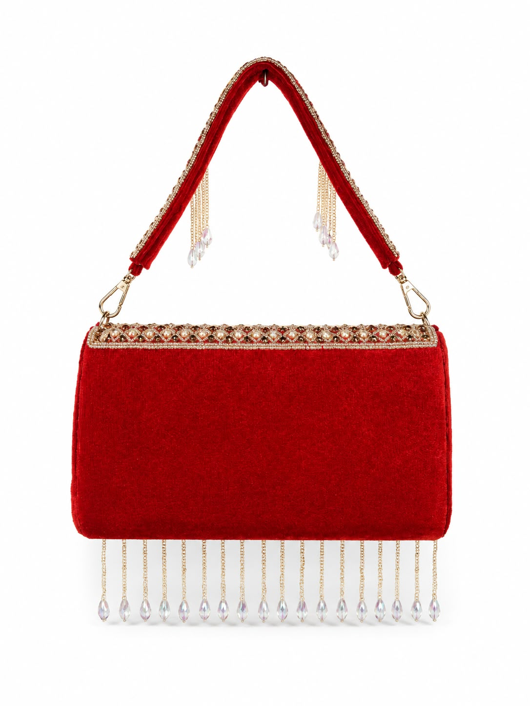 Red Velvet Pearl & Crystal Embellished Clutch Bag