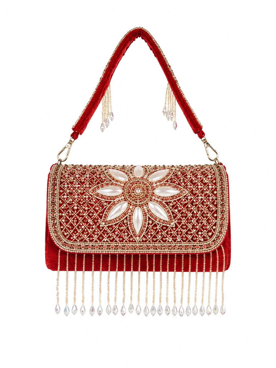 Red Velvet Pearl & Crystal Embellished Clutch Bag