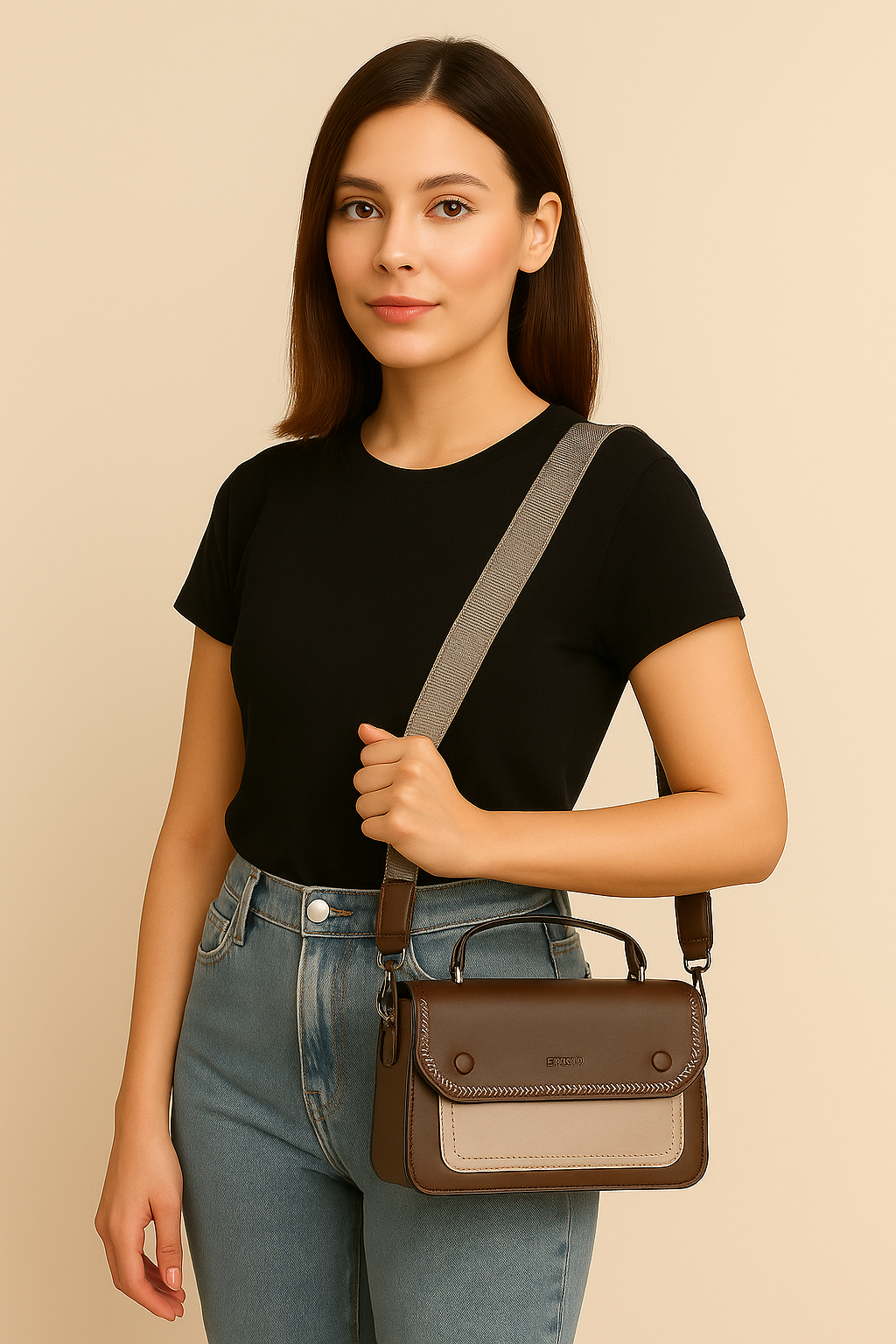 Exotic - Leatherate Crossbody Satchel - Brown & Beige two-tone